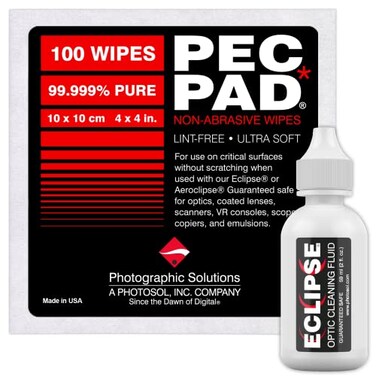Photographic Solutions PEC-PAD Lint Free Wipes and Eclipse Optic Cleaning Solution - Non-Abrasive 4" x 4" Lens Wipes for Phone, Camera, Computer, and All Sensitive Glass - Cleaning Kit - ,59ml2oz