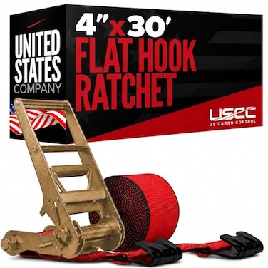 US Cargo Control Flat Hook Ratchet Strap 4 x 30, 5,400 LBS Working Load Limit, Red 4 Inch Ratchet Strap with Black Flat Hook, Professional 4 Inch Strap for Flatbed Trailers