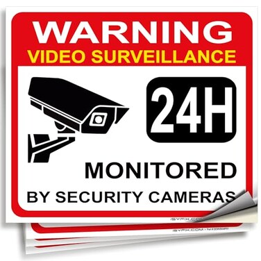 iSYFIX Video Surveillance Warning Sign Sticker, 7x6 Inch, 4 Pack