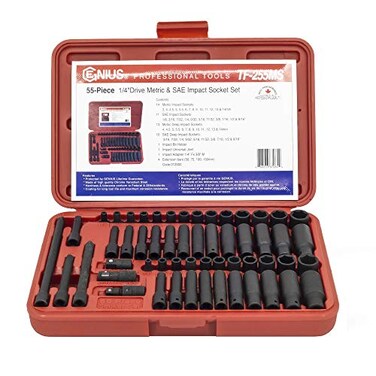 GENIUS TOOLS 55PC 1/4 Dr. MetricSAE Impact Socket Set - TF-255MS