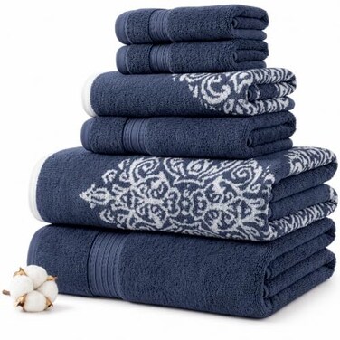 Modern Threads 6-Piece 100% Cotton Damask Medallion Towel Set, Navy