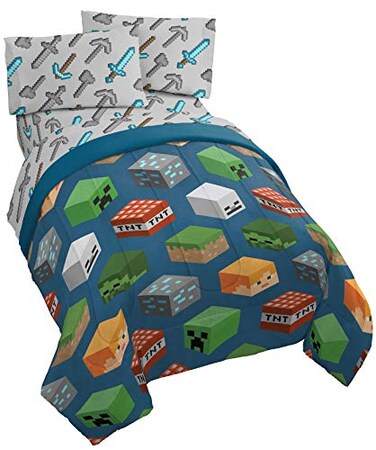 Jay Franco Minecraft Creeper Twin Comforter Set 4 Piece Kids Bedding for Boys, Blue