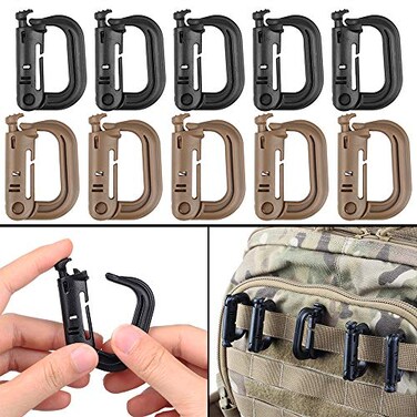 XTACER Tactical Multipurpose Small D-Ring Locking Hanging Hook Tactical Link Snap Keychain Button Release for Molle Webbing ,Set of 10,5 Black5 Brown