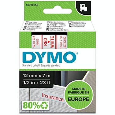 DYMO D1 Labels, 12mm x 7m Roll, Red Print on White, Self-Adhesive Labels for LabelManager Label Printers, Authentic