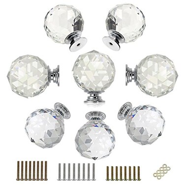 BTSKY 8 Pcs Round Diamond 40mm&frac14;&circ;1.6 inches&frac14;&permil; Clear Glass Crystal Cabinet Knobs-Cupboard Door Knobs/Crystal Drawer Pull Handles/Glass Dresser Knobs with 3 Kinds of Screws