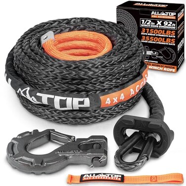 ALL-TOP Synthetic Winch Rope w/HookIsolator, 1/2in x 92ft, 31500Lbs UHMWPE Cable Replace Kit, Forged HookRubber StopperSafety Pull Strap