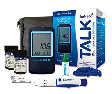 Embrace Diabetes Testing Kit Glucose Testing Kit includes Talk Meter 100 Talk Test strips 100 30g Lancets 1 Lancing Device 1 Control solution and Carrying Case
