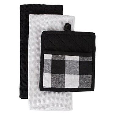 DII Buffalo Check Kitchen Collection, Classic Farmhouse Kitchen Set, PotholderDishtowel, BlackWhite, 3 Piece