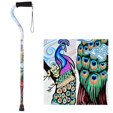 NOVA Designer Walking Cane with Offset Handle, Lightweight Adjustable Walking Stick with Carrying Strap,Proud Peacock Design