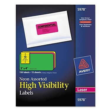 Avery 5978 Neon Laser Labels, Rectangle, 2-Inch x4-Inch, 150/PK, Assorted