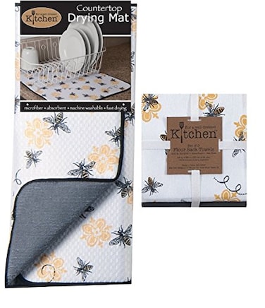 Kay Dee 3-Piece Kitchen Towel Set and Dish Drying Mat ,Queen Bee Print,White
