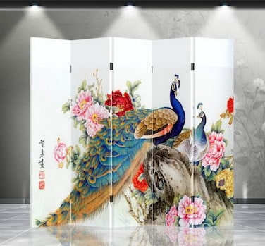Asian Home Double Sided Canvas Screen Room Divider ,5 Panels - Peacocks