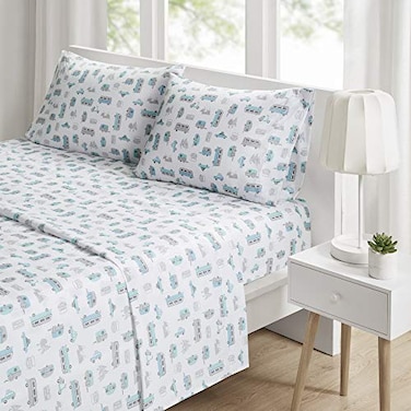 Intelligent Design Microfiber Full Sheet Set, 4 Piece, Grey/Blue Road Trip