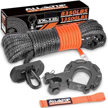 ALL-TOP Synthetic Winch Rope w/HookIsolator, 3/16in x 50ft, 8350Lbs UHMWPE Cable Replace Kit, Forged HookRubber StopperSafety Pull Strap