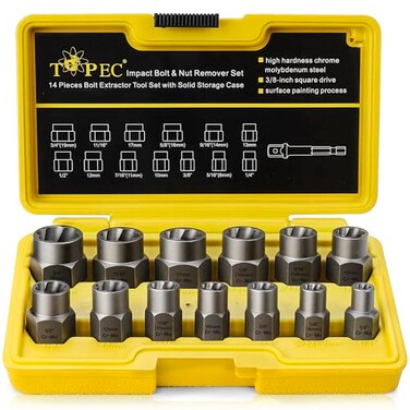 Topec 131 Piece Impact BoltNut Remover Set, 3/8" Drive Bolt Extractor Socket Set, 8mm-19mm Stripped Lug Nut Remover, Twist Socket for Damaged, Rusted, Rounded Fasteners