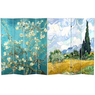 Red Lantern Double Sided Works of Van Gogh Canvas Folding Screen - Almond Blossoms/Wheat Field, 6 ft Tall - 4 Panel