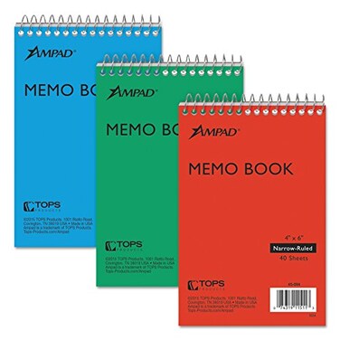 Ampad Efficiency Pocket Notebook, Recycled, 4 X 6 Inches, Single Wire, Top Open, Assorted Covers,3 Notebooks per Pack, Red/Blue/Green ,45-094