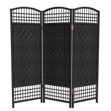 Red Lantern 4 ft. Short Fiber Weave Folding Screen - Black - 3 Panels