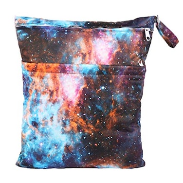 Sigzagor Wet Dry Bag For Baby Cloth Diaper Nappy Reusable Washable With Two Zippered Pockets ,Outer Space