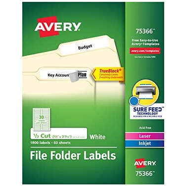 Avery TrueBlock File Folder Labels, 2/3" x 3-7/16", 1,800 Printable Labels, White, Permanent ,75366