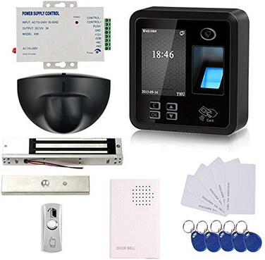 MENGQI-CONTROL Biometric Fingerprint Security Access Control Systems with 600lbs Magnetic Lock,Exit Motion Sensor,Metal Exit Button with Base,110V-240V Power Supply Unit,Wired Doorbell,RFID CardsRFID