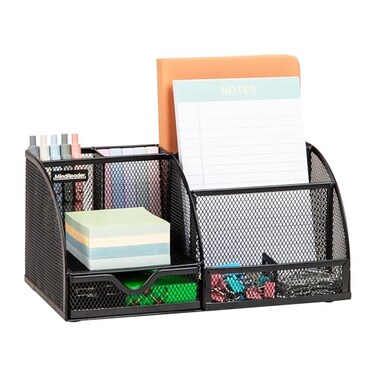 Mind Reader 7-Compartment Desktop Organizer, Metal Mesh Desk Organizer for Pens, Sticky Notes, Mail and Office Supplies, Black