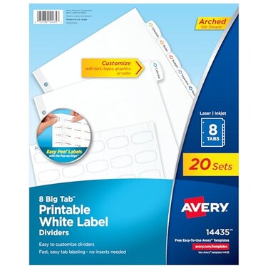 Avery Big Tab„Printable Label Dividers, 8-Tab, White, 20 Sets