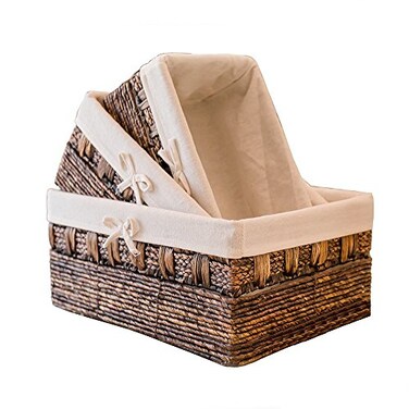 KINGWILLOW Set of 3 Woven Storage Basket, Rectangular Straw Basket for Shelves