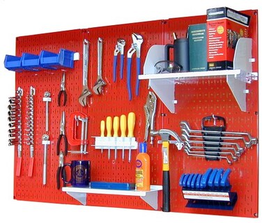 Wall Control 4 ft Metal Pegboard Standard Tool Storage Kit with Red Toolboard and White Accessories