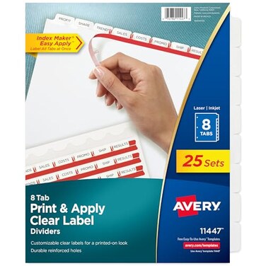 Avery Index Maker Clear Label Dividers, 8-Tab, White, 25 Sets