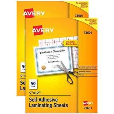 Avery Clear Self-Adhesive Laminating Sheets, 3 mil, 9" x 12", Matte Clear, 50/Box, Sold as 2 Pack