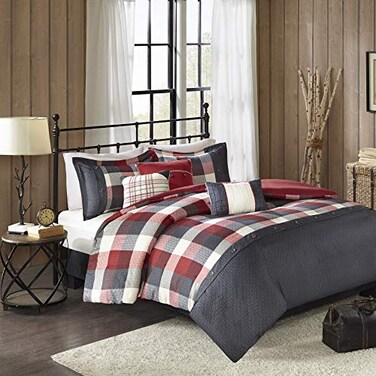 Madison Park Ridge Comforter Set Plaid Herringbone, Red Queen, 7 Piece