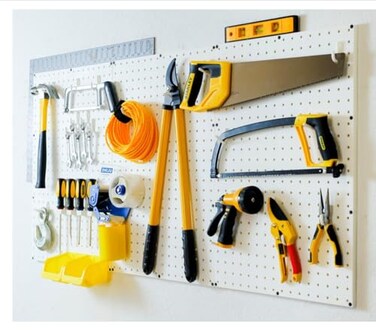 WallPeg Pegboard Panel and Accessory Kit&ldquo; 3 Count Large White Peg Board Panels with 36 Self-Locking FlexLock Peg Hooks for Home, Garage, Tool Storage