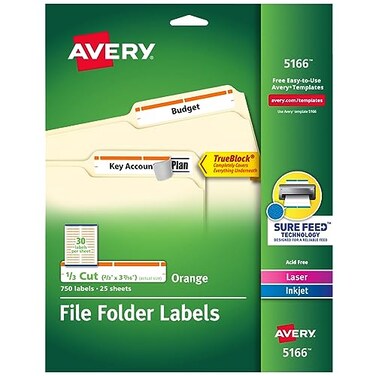 AveryTrueBlockFile Folder Labels, 2/3" x 3-7/16", 750 Printable Labels, White/Orange, Permanent ,5166
