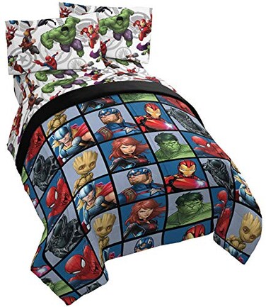 Jay Franco Marvel Avengers Team 4 Piece Twin Bed Set - Includes Reversible ComforterSheet Set - Super Soft Fade Resistant Polyester - ,Official Marvel Product