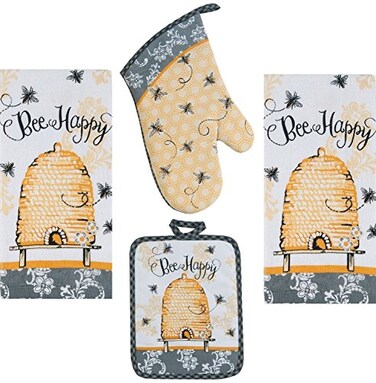 Kay Dee 4 Piece Bee Happy Kitchen Set - 2 Terry Towels, Oven Mitt, Potholder