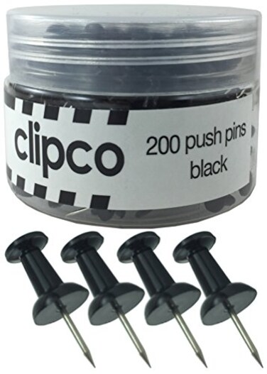 Clipco Push Pins Jar ,200-Count,Black