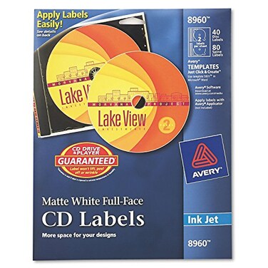 Avery Matte White Full-Face CD Labels for Inkjet Printers 8960, 40 Disc Labels and 80 Spine Labels