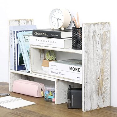 MyGift Adjustable Whitewashed Solid Wood Desktop Storage Organizer Display Shelf Book Rack, Office Desk Bookshelf