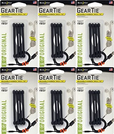 Nite Ize 4-Pack Gear Tie Reusable Rubber Twist Tie, 3" - Black ,6-Pack