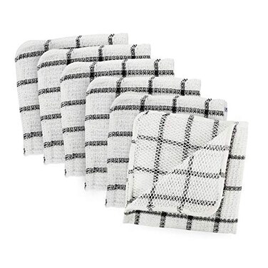 DII Scrubber Dishcloths Collection Windowpane Dishrag Set, 12x12, White/Black Stripe, 6 Piece