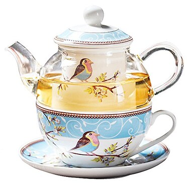 Jusalpha Tea for one Glass Teapot with Infuser, Cup and Saucer Set, Blue