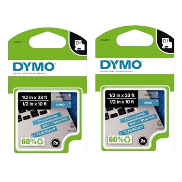 DYMO Authentic D1 Labels 1/2-Inch x 23-Foot Roll Black Print on White Self-Adhesive For LabelManager Label Makers 2-Pack