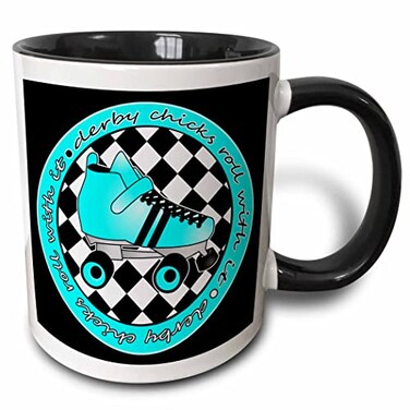 3dRose Derby Chicks Roll With It Aqua Blue Roller 11oz Two-Tone Black Mug