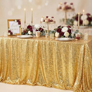 QueenDream Glitter Gold Tablecloth for Parties 90x156 Inch Rectangle Sequin Fabric
