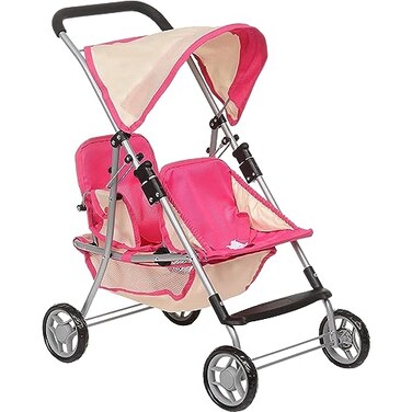 Fash n kolor, Twin Doll Double StrollerPinkOff-White Design Easy to Fold Double Stroller with Basket in The Bottom