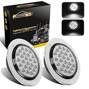 Partsam 2pcs 4" Round White 24 LED Truck Trailer Light Reverse Backup Running LightChrome/Wire
