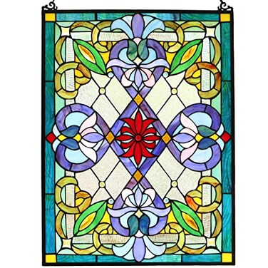 Bieye W10028 Victorian Tiffany Style Stained Glass Window Panel with Chain, Rectangular Shape, 18" W x 25" H