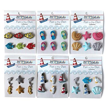 Buttons Galore Fun in the Sun Button Set&ldquo; 36-Piece Summer-Themed CraftSewing Buttons, Includes Flip Flops, SeashellsStarfish for DIY, ScrapbookingAccessories