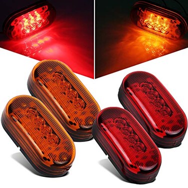 Partsam 2 Amber2 Red 12V 4" x 2" Oval Led Truck Side Marker Light Surface Mount 10 Diodes, Sealed Trailer Led Clearance and Side Marker Lights, Black Base, Rectangular Rectangle Led Lights